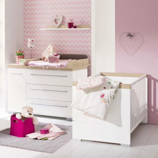 Paidi Kira Sparset Kreideweiß/Eiche-Nebraska Babybett & Wickelkommode Inkl. Gratis Lieferung
